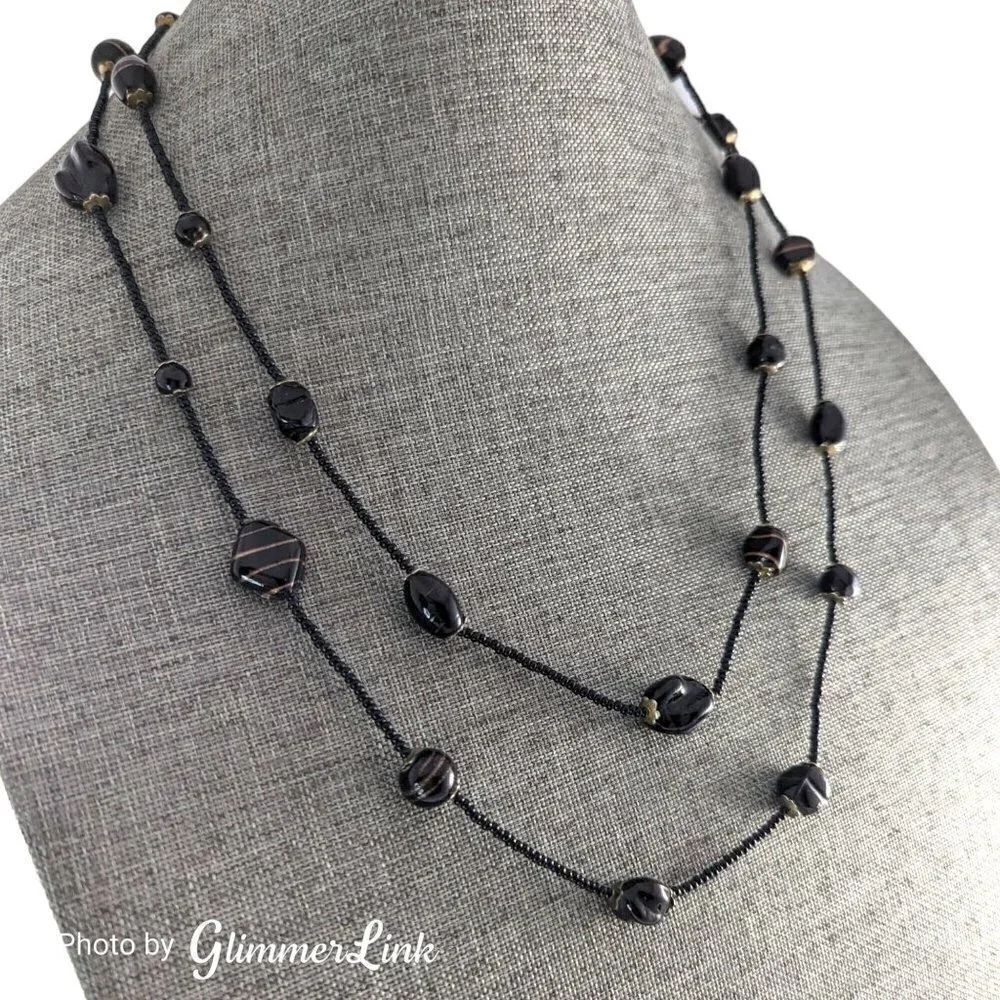 Vintage Long Black Gold Flecked Beaded Bohemian Necklace